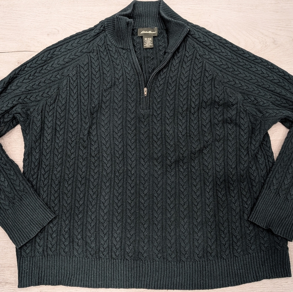 Eddie Bauer Dark Green 1/4 Zip Cable Knit Angora Rabbit Cashmere Sweater Sz XXL